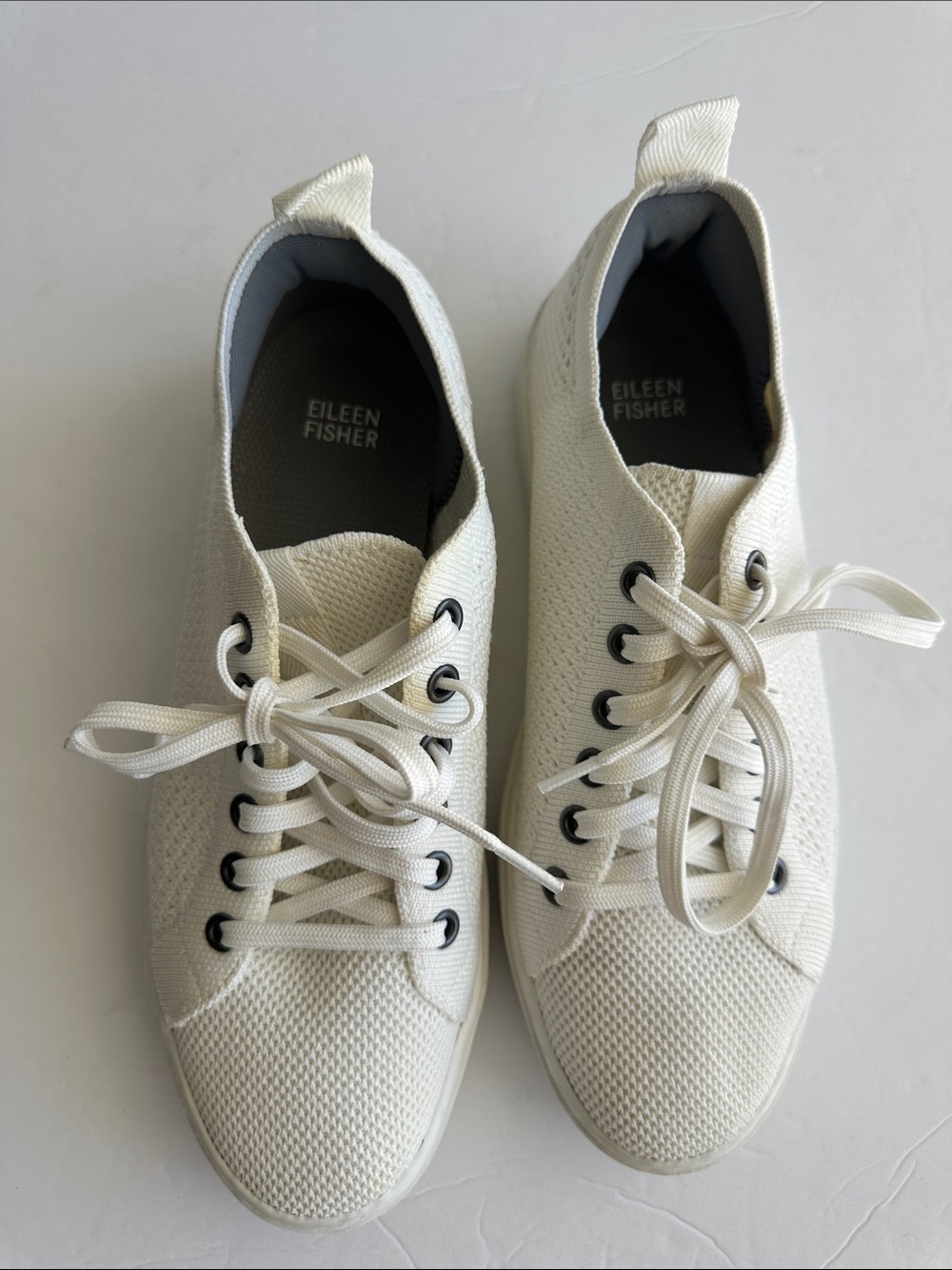 Eileen Fisher Peris White Recycled Stretch Knit Lace-Up Wedge Sneakers SZ 9.5